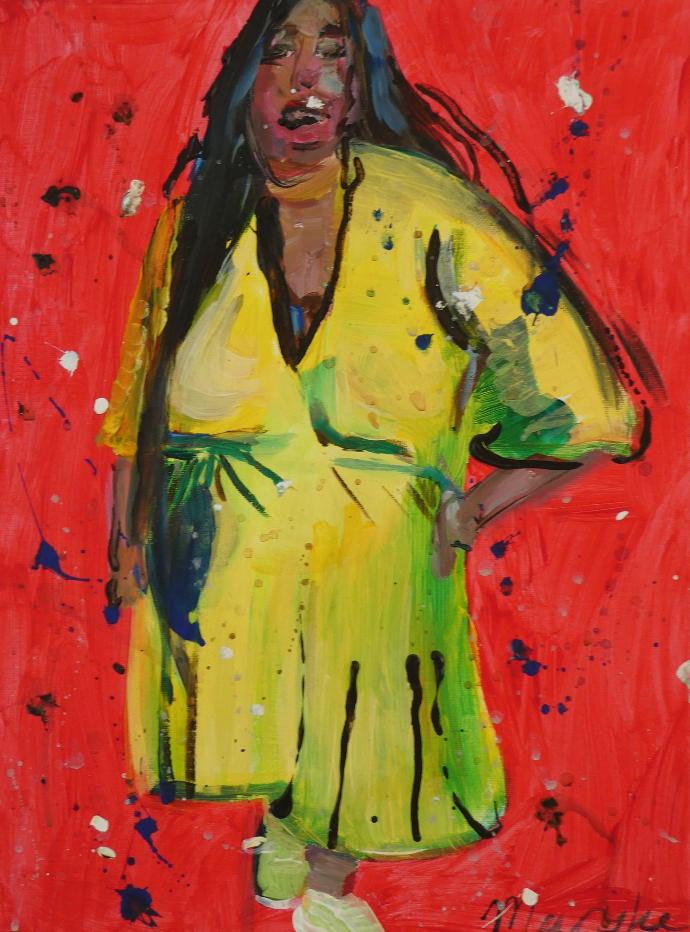 Wenskaart met titel 'Vrouw in gele jurk'