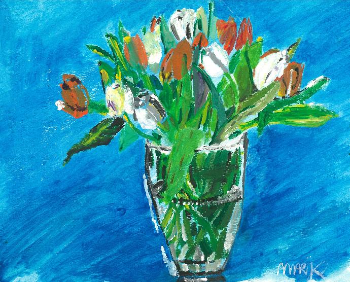 Wenskaart met titel 'Tulpen met blauwe achtergrond'