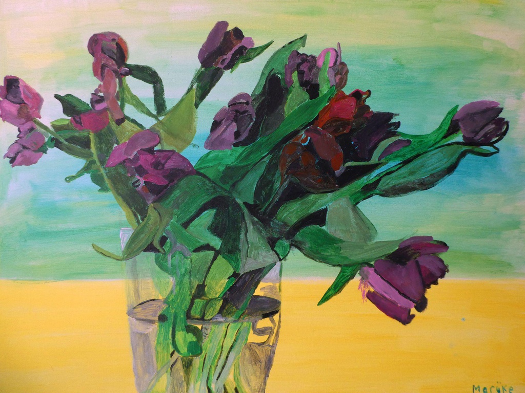 Wenskaart met titel 'Paarse tulpen' door Marijke