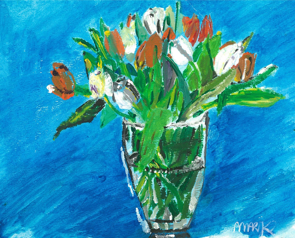 Wenskaart met titel "Tulpen met blauwe achtergrond"