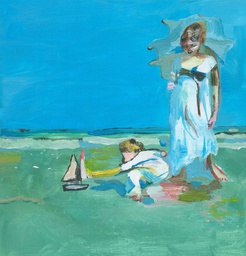 [Vrouw met kind bij de zee] Wenskaart met titel 'Vrouw met kind bij de zee'