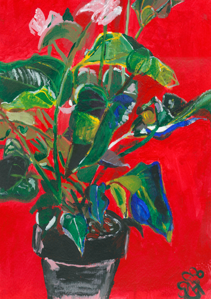 Schilderij met titel 'Plant met rode achtergrond' door Marijke