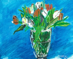 [Tulpen met blauwe achtergrond] Wenskaart met titel "Tulpen met blauwe achtergrond"